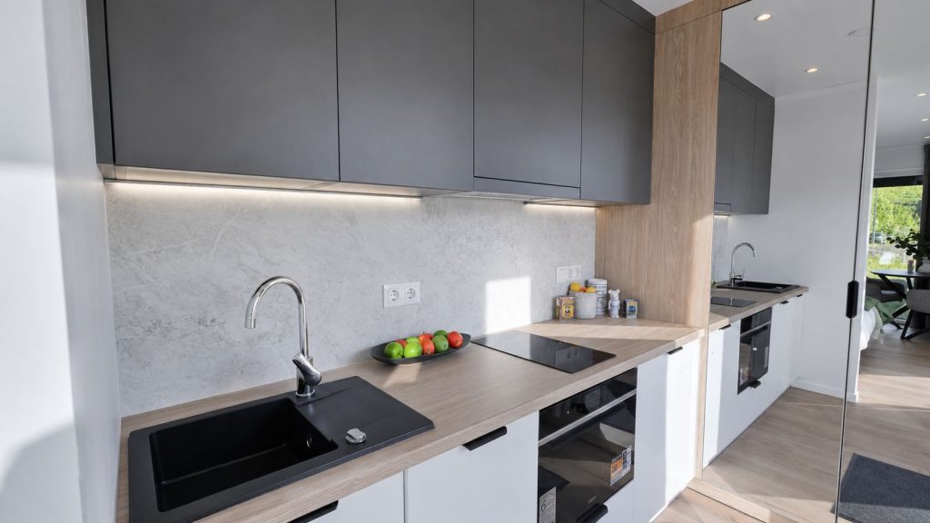 Kuechenzeile im Alpenchalet mit grauen Oberschraenken, Holzarbeitsplatte und schwarzer Spuele - Premium-Modulhaus, Lieferung nach Wien.