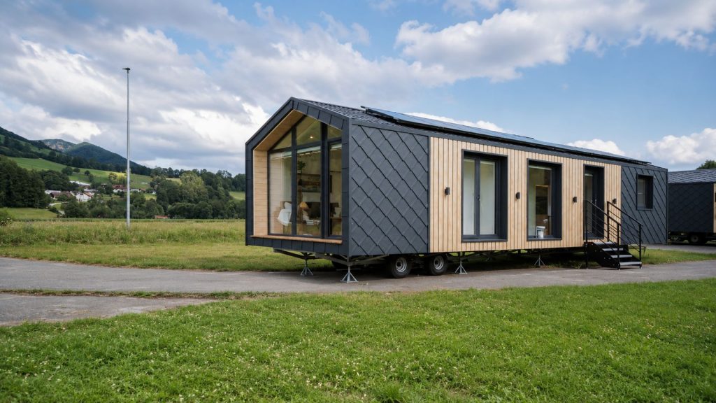 Diamond Family Deluxe mit Giebelfenster, Rautenblech und Photovoltaik vor Bergpanorama - mobiles Eigenheim fuer Tirol.