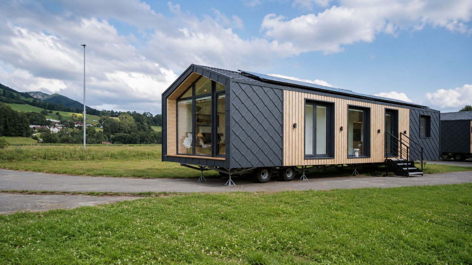 Diamond Family Deluxe mit Giebelfenster, Rautenblech und Photovoltaik vor Bergpanorama - mobiles Eigenheim fuer Tirol.