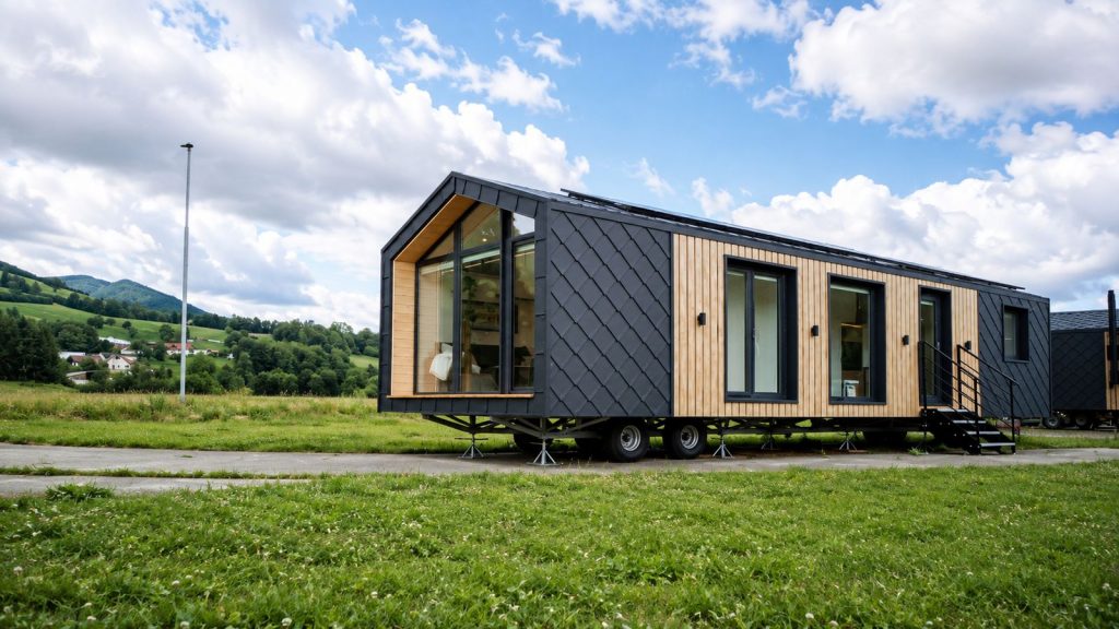 Diamond Family Deluxe mit anthrazit Rautenfassade, Holzverkleidung und Giebelverglasung auf gruener Wiese - Ganzjahreshaus.