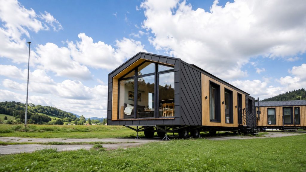 Diamond Family Deluxe als mobiles Eigenheim mit Giebel und Panoramafenster vor Bergkulisse - Lieferung nach Salzburg.