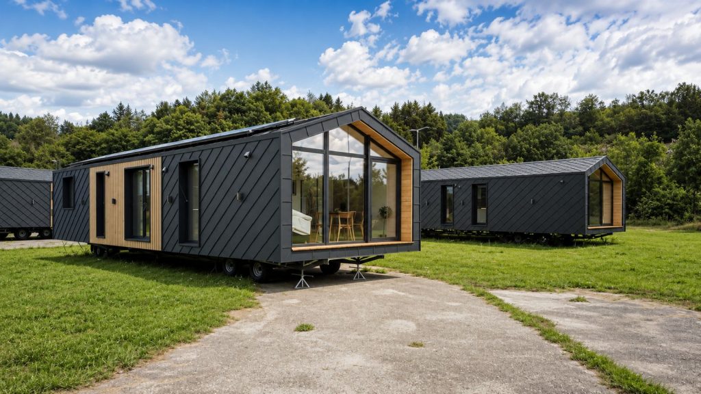 Zwei Diamond Family Deluxe mit Schindelfassade und Giebel-Glasfront am Waldrand - Premium-Mobilheim für die Steiermark.