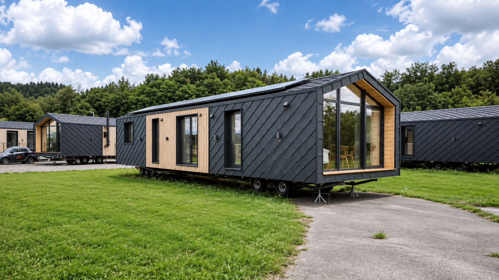 Der Diamond Family Deluxe mit Schindelfassade und grossem Glasgiebel auf gruener Wiese - Premium-Mobilheim fuer Klagenfurt.