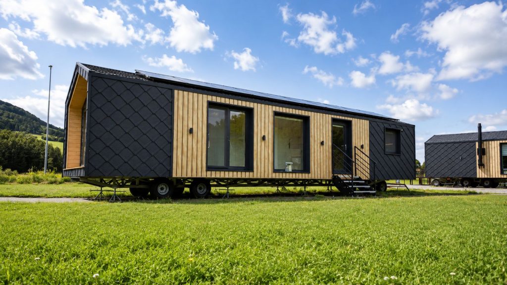 Diamond Family Deluxe als mobiles Modulhaus mit Rautenschindeln, Holzfassade und Photovoltaik, Lieferung nach Niederoesterreich.