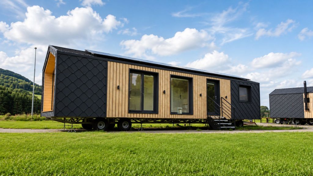 Diamond Family Deluxe mit schwarzer Rautenfassade und Solardach auf dem Fahrgestell - mobiles Eigenheim, Lieferung nach Oberoesterreich.