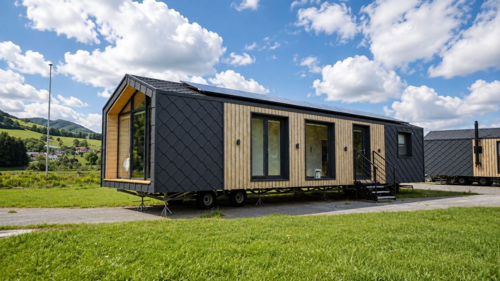 Diamond Family Deluxe mit Schindelfassade und Solardach vor Bergkulisse, Premium-Modulhaus fuer Kaernten.