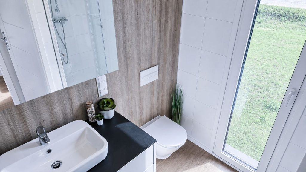 Kompaktes WC mit Waschtisch, Spiegelschrank und Holzwand im Diamond Family Deluxe, vollmoebliert mit Tageslicht.