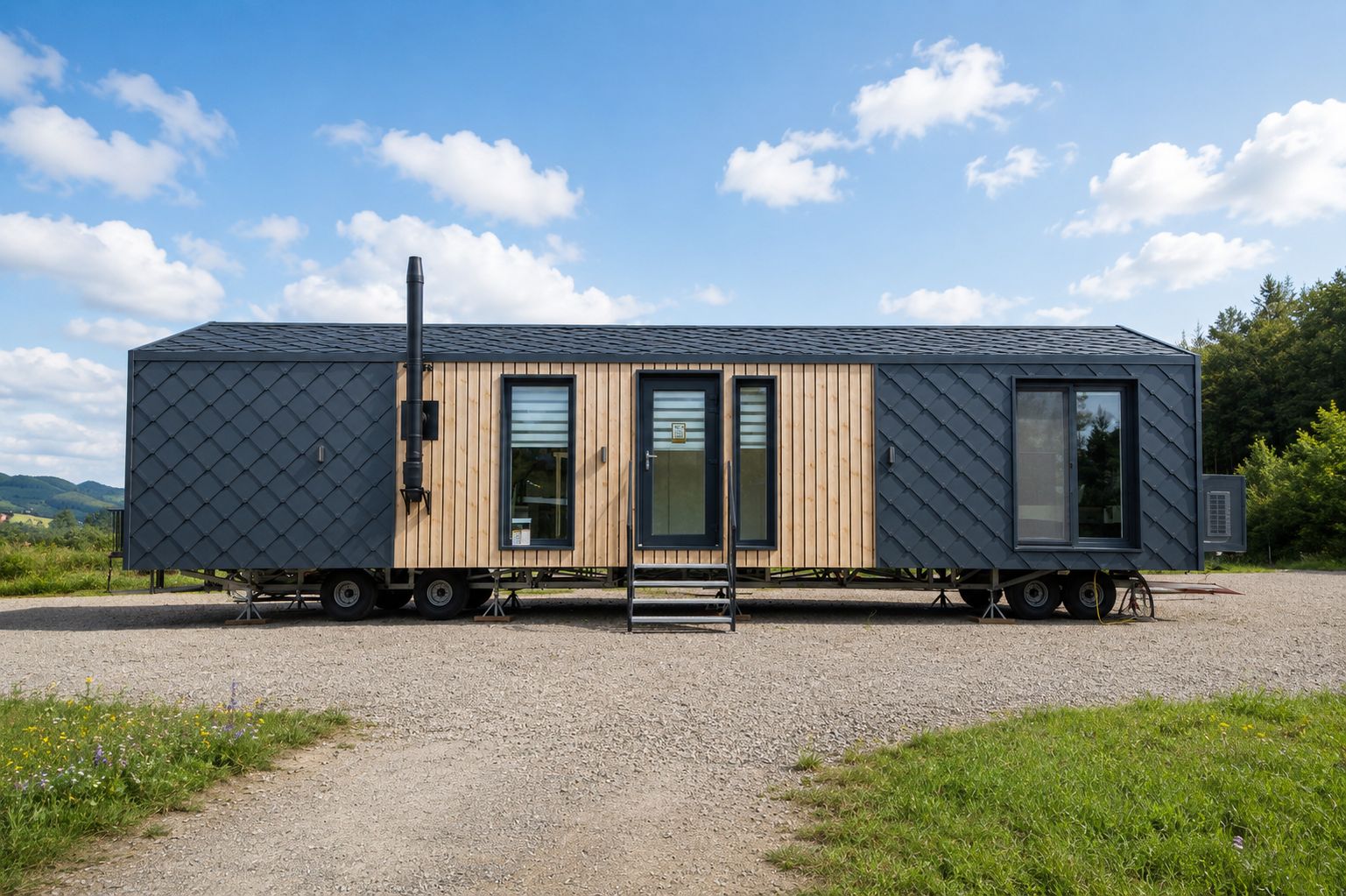 Seitenansicht des Diamond +Plus mit Rautenschindeln, Holzfassade und Kaminrohr - mobiles Eigenheim, verfuegbar in der Steiermark.