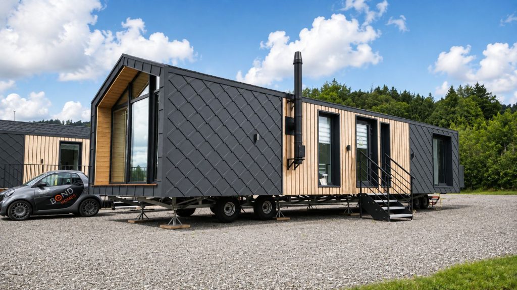 Diamond +Plus in Seitenansicht mit anthrazit Rautenfassade, Holzverkleidung und schwarzem Kaminrohr auf dem Fahrgestell - Fertigteilhaus.