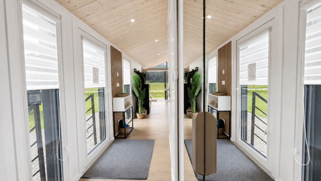 Heller Flur mit Holzdecke, bodentiefen Fenstern und Zimmerpflanze im Diamond +Plus Fertigteilhaus.