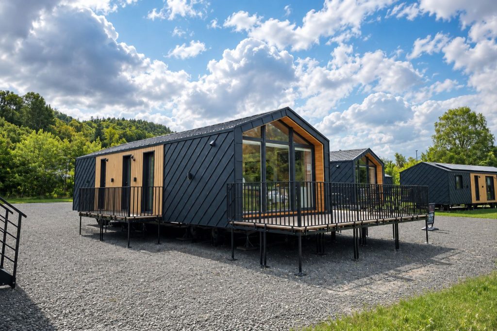 Diamond +Plus Deluxe als Premium-Modulhaus mit Giebelfront, Panoramafenster und umlaufender Terrasse.