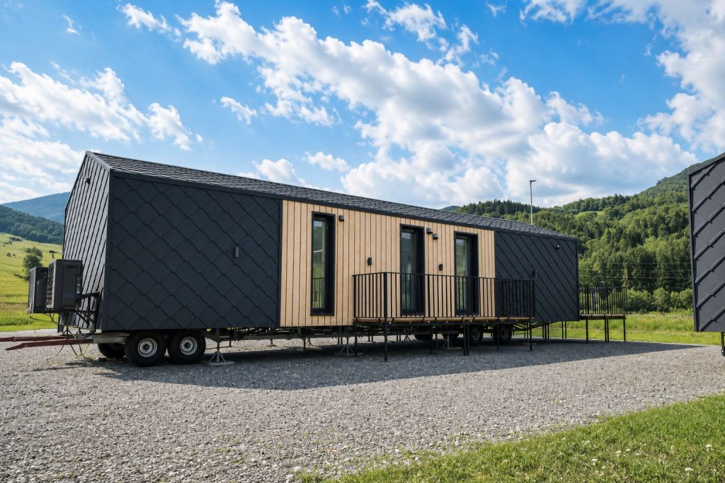 Diamond +Plus Deluxe mit anthrazitfarbener Rautenschindel-Fassade und Holzakzent, Premium-Mobilheim für Kärnten.