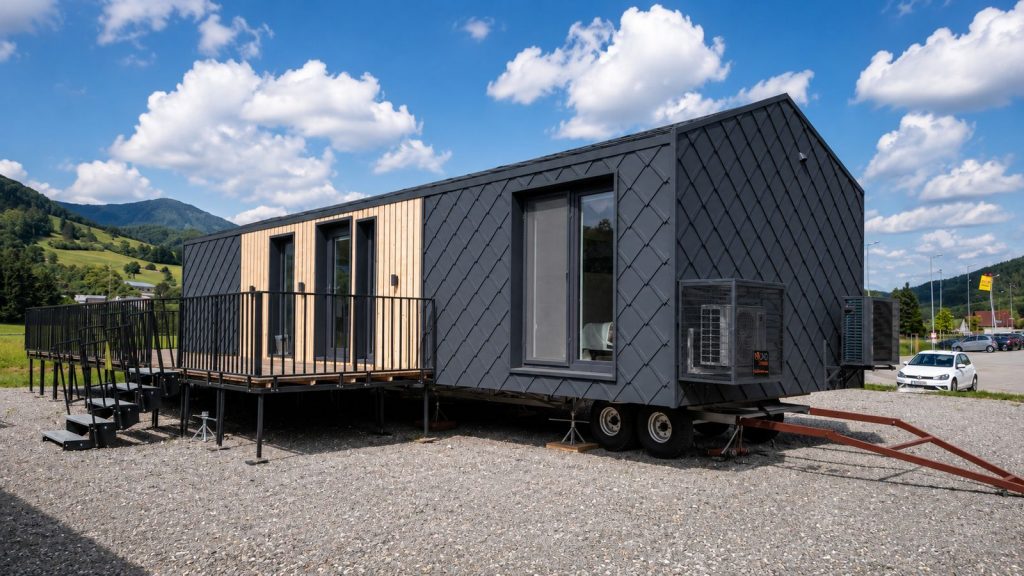 Anthrazitfarbenes Premium-Modulhaus Diamond +Plus Deluxe mit Rautenfassade, Holzakzent und Terrasse - Lieferung in die Steiermark.