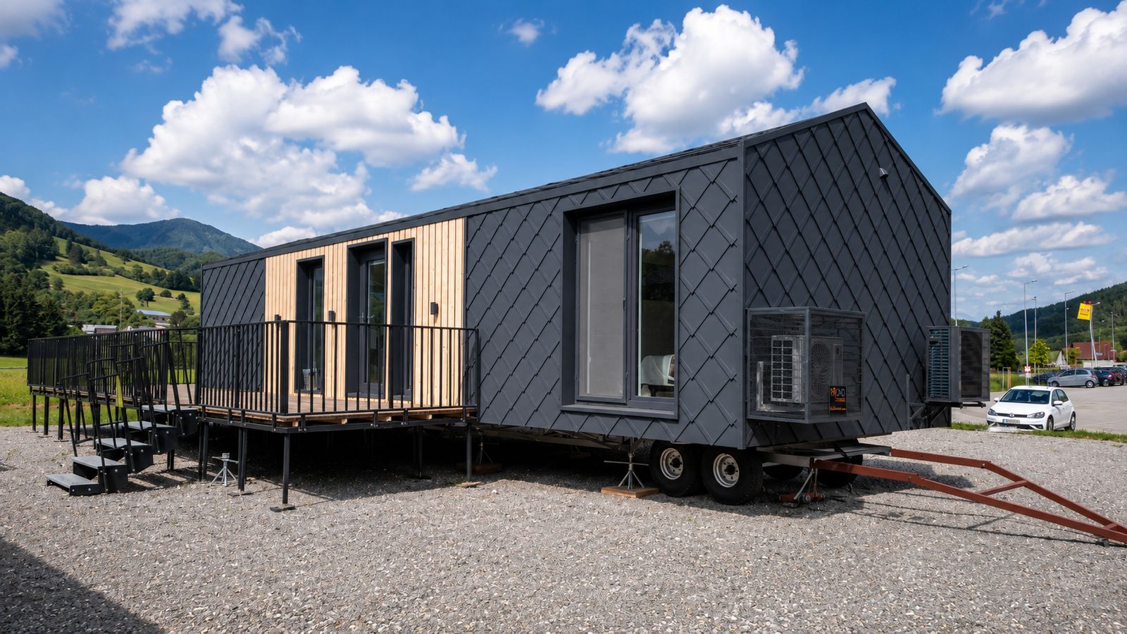 Anthrazitfarbenes Premium-Modulhaus Diamond +Plus Deluxe mit Rautenfassade, Holzakzent und Terrasse - Lieferung in die Steiermark.