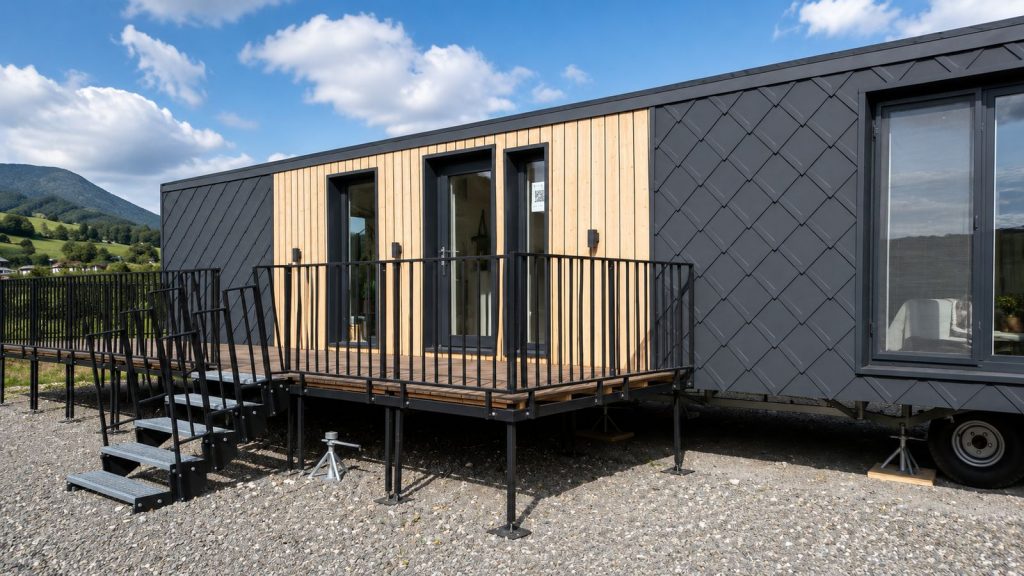 Aussenansicht mit Rautenblech-Fassade, Holzakzent und Holzterrasse mit Gelaender - Massivmodul-Architektur, Lieferung nach Tirol.