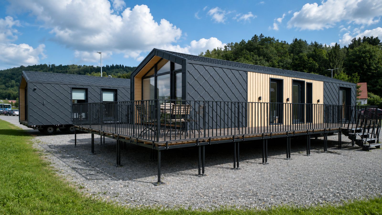 Diamond +Plus Deluxe mit anthrazit Rautenfassade, Holzakzent und Terrasse auf Stahlstuetzen samt Essplatz - Modulhaus.