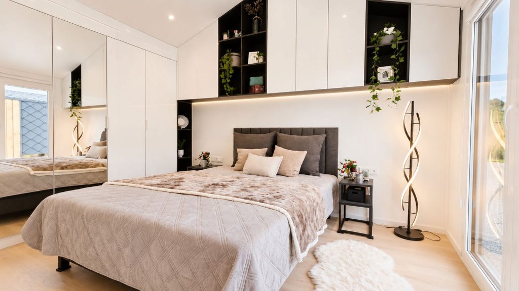 Schlafzimmer mit gepolstertem Kopfteil, weissen Hochglanzschränken und Spiegelfront - komfortables modernes Eigenheim.