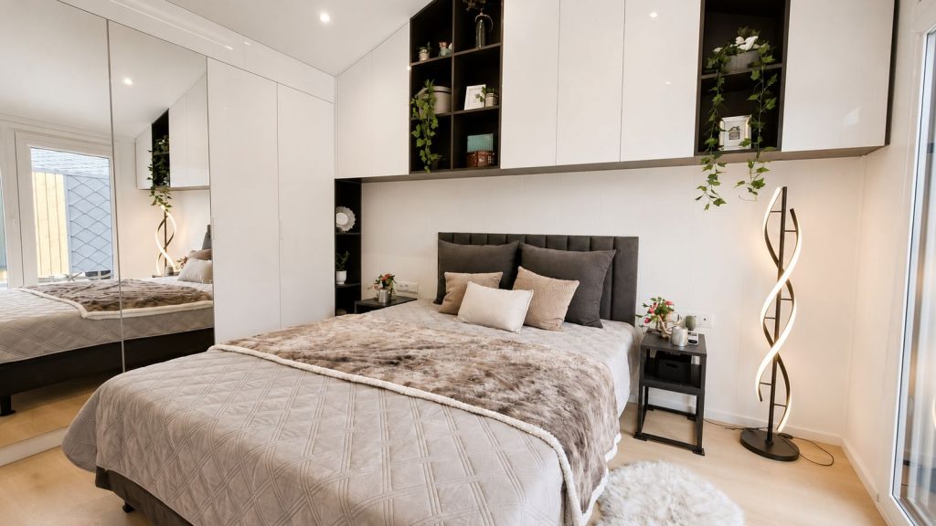Vollmoebliertes Schlafzimmer mit Spiegelschrank, Doppelbett in Beige und offenen Regalnischen ueber dem Kopfteil.