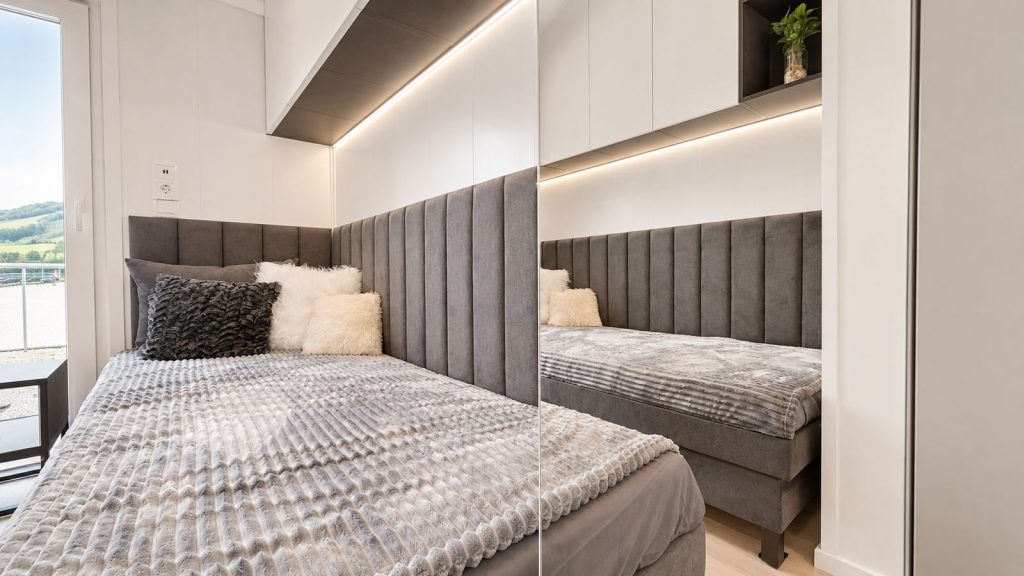 Schlafzimmer mit grauem Polster-Kopfteil, indirekter Beleuchtung und Spiegelschrank - vollmoebliert geliefert.