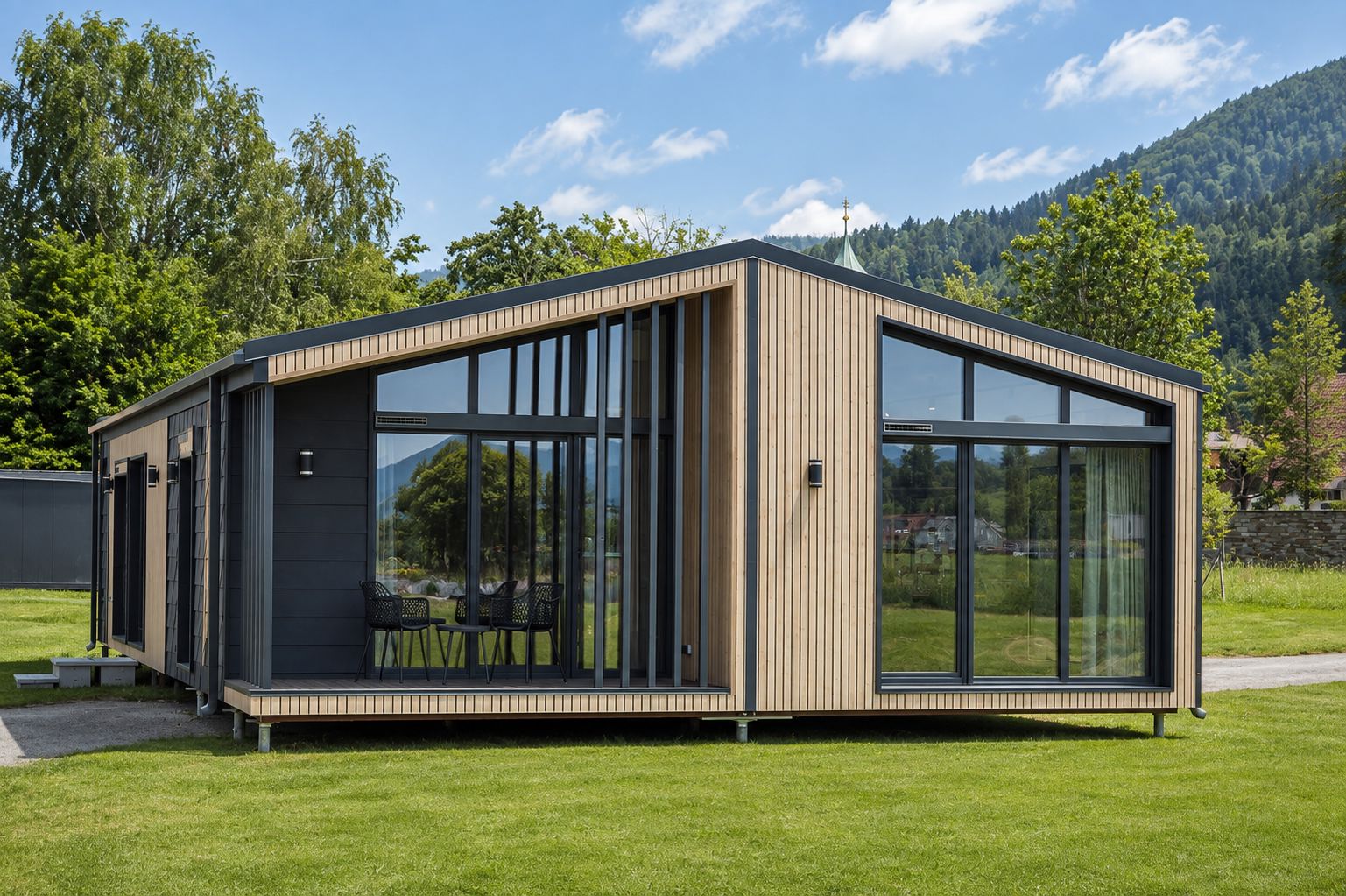 Architektonisches Premium-Modulhaus Diamond Vario Deluxe mit Holzlattung, Panoramafenstern und Terrasse - Lieferung nach Tirol.