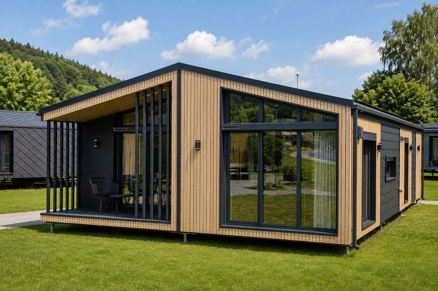 Diamond Vario Deluxe mit Holzlattung, grosser Verglasung und ueberdachter Terrasse - Premium-Modulhaus fuer Vorarlberg.