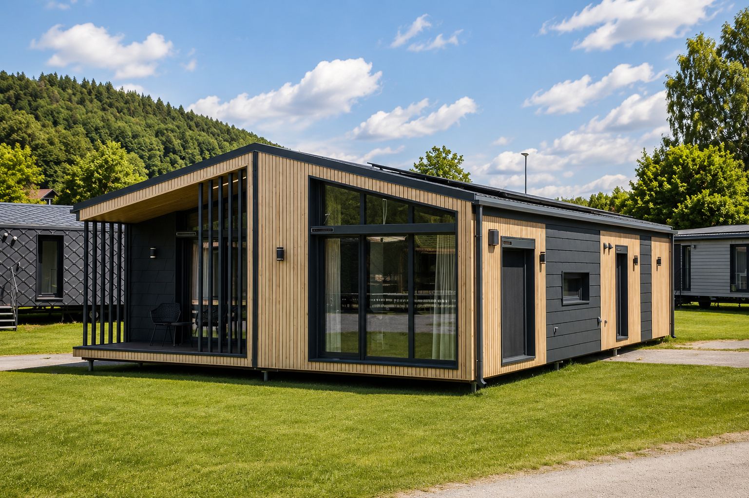 Diamond Vario Deluxe mit Holzfassade, Rautenblech und ueberdachter Terrasse im Gruenen - schluesselfertig ab Werk in Oesterreich.