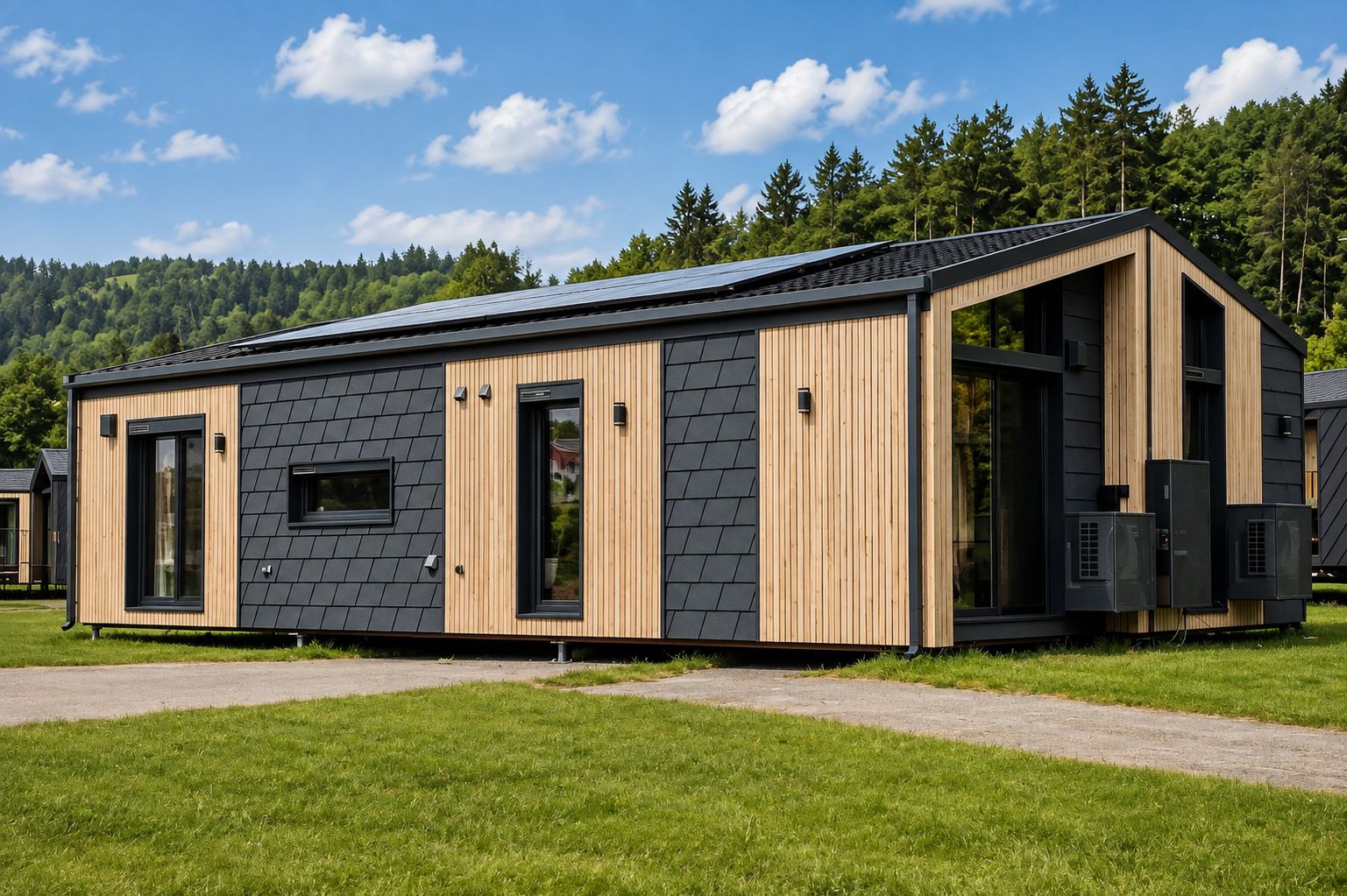 Diamond Vario Deluxe mit Holzverkleidung, anthrazit Rautenfassade und Photovoltaik auf dem Dach - Massivmodul-Architektur fuer Villach.
