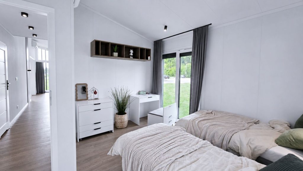 Schlafzimmer mit cremefarbener Tagesdecke, weisser Kommode und Schiebetuer zur Wiese - schluesselfertig, Lieferung nach Dornbirn.