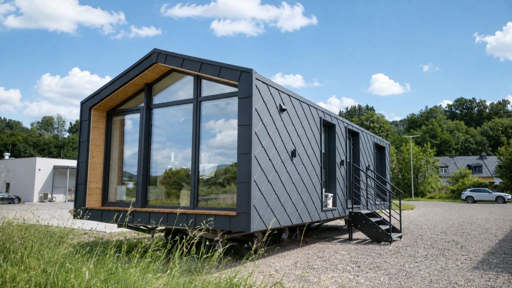 Kompaktes Diamond XS Deluxe als Premium-Mobilheim mit Giebel-Panoramafenster und Rautenfassade - Lieferung nach Wien.