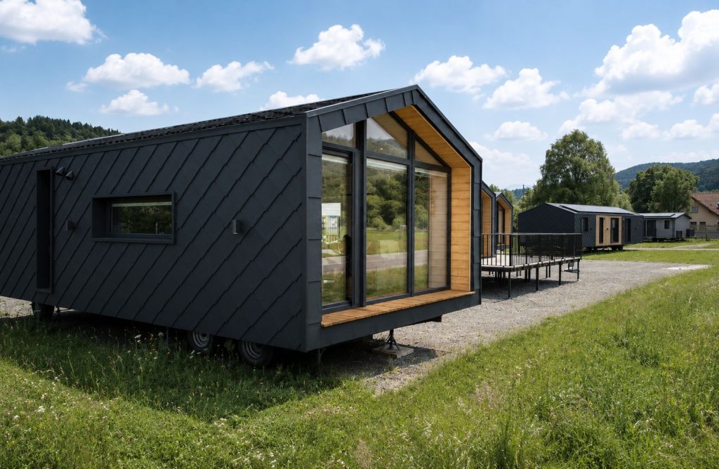 Dunkles Diamond XS Deluxe mit Schindelfassade und großer Glasfront auf der Wiese - Ganzjahreshaus für Tirol.