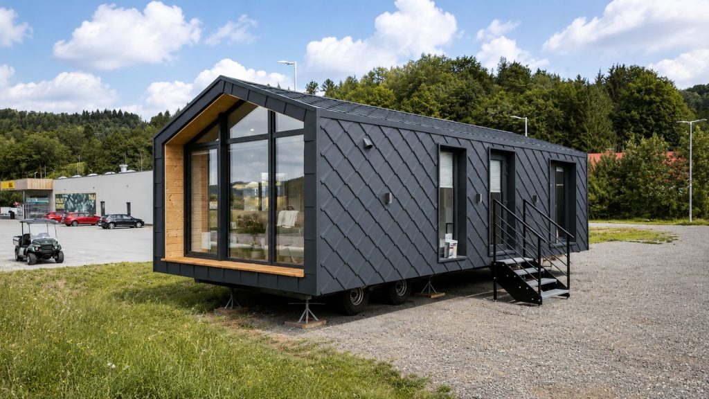 Diamond XS Deluxe mit anthrazitfarbener Rautenfassade und Holz-Giebelfenster im Freien, Premium-Mobilheim für Klagenfurt.