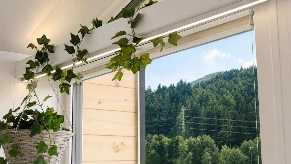 Fensterdetail mit Efeuranke und LED-Lichtleiste im mobilen Eigenheim, Ausblick ins Gruene, verfuegbar in Linz.