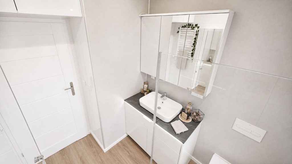 Helles Badezimmer mit Hochglanzwaschtisch, dreiteiligem Spiegelschrank und Glastrennwand im modernen Eigenheim.