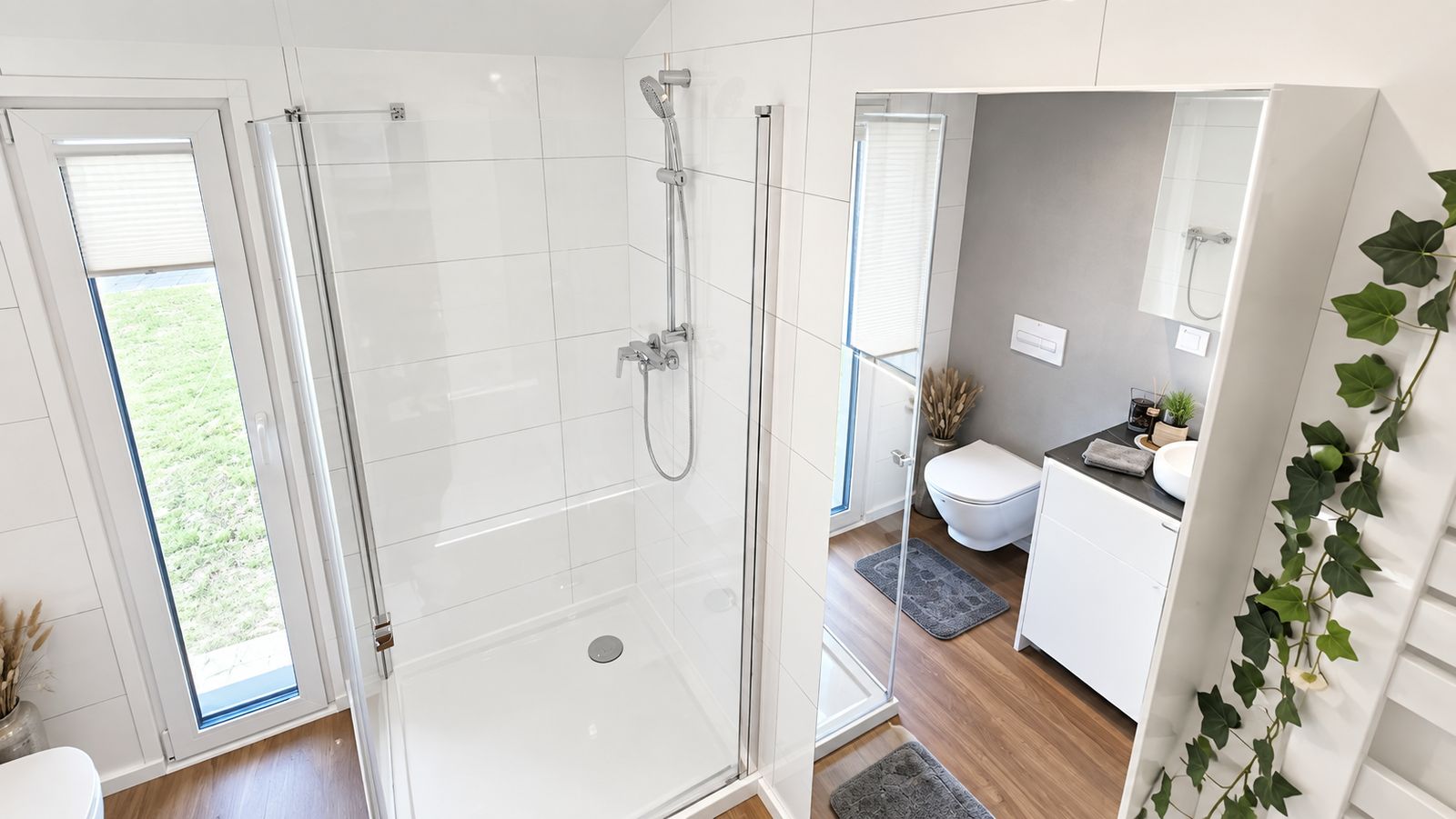 Gefliestes Bad mit begehbarer Glasdusche, Spiegelschrank und Waschtisch, lichtdurchflutet im Fertigteilhaus.