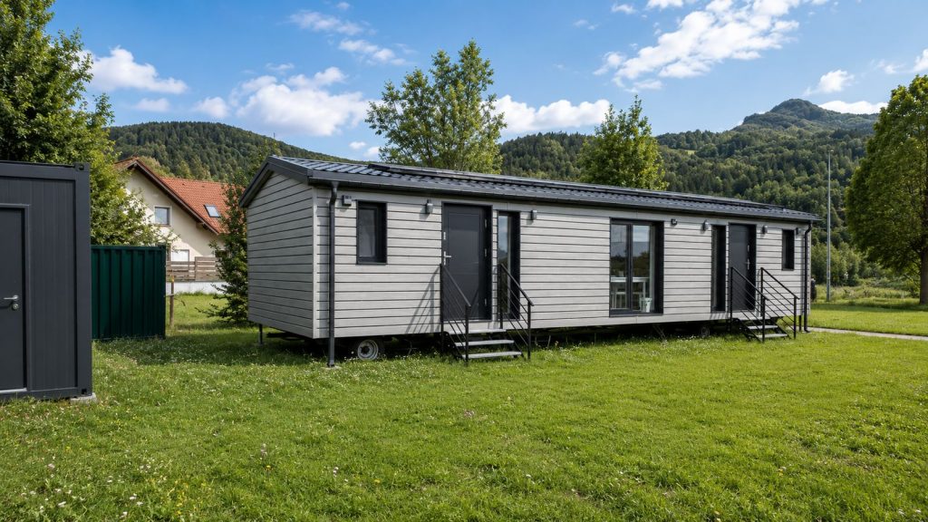 Quartier WSW mit heller Holzoptik-Fassade, flachem Dach und zwei Aussentreppen auf gruener Wiese - Premium-Mobilheim fuer Bregenz.