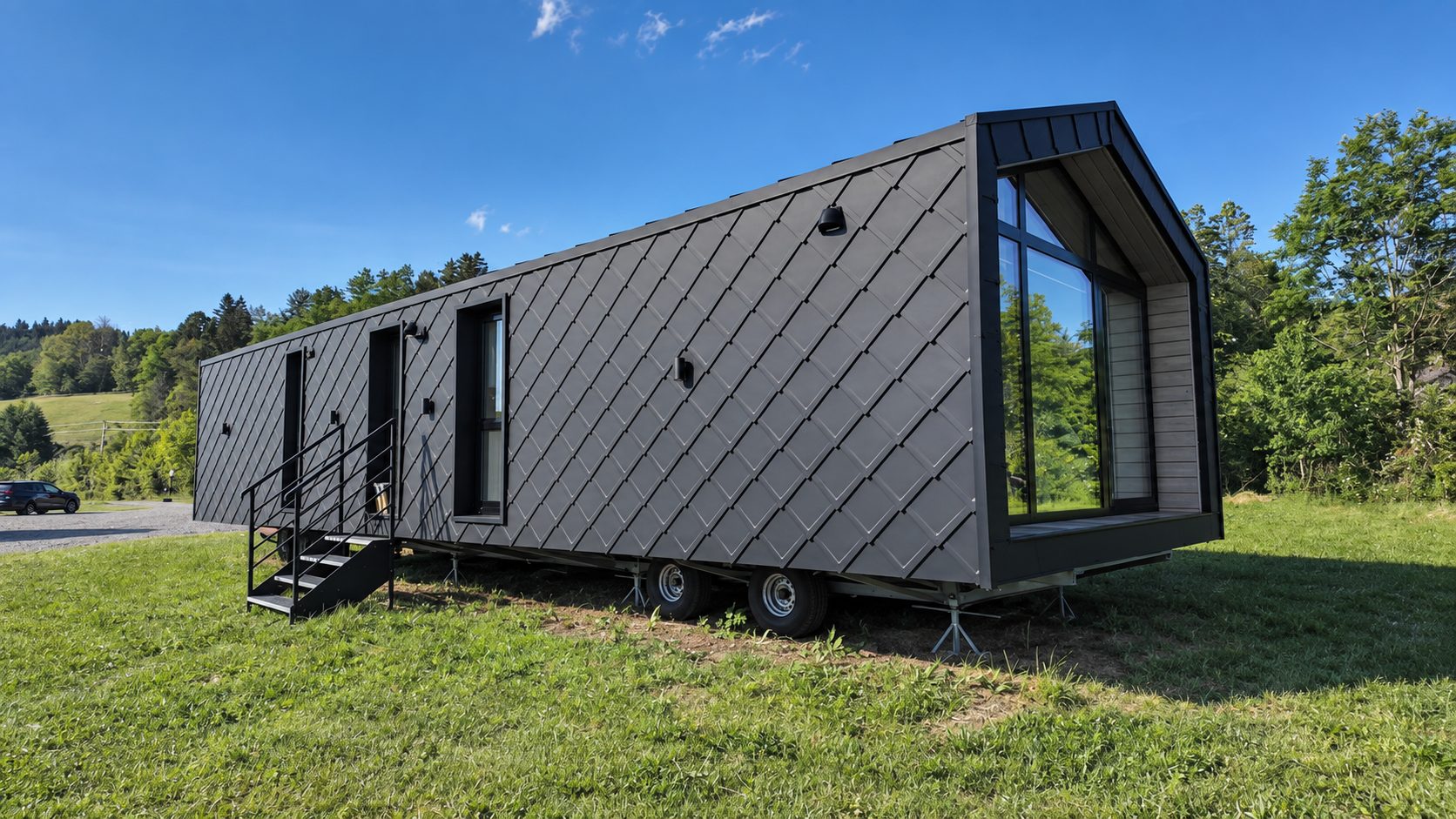 Längsseite des schwarzen Modulhauses Diamond +Plus ATB-38 mit PREFA-Fassade, Fenstern in RAL 9005 und Eingangstreppe.