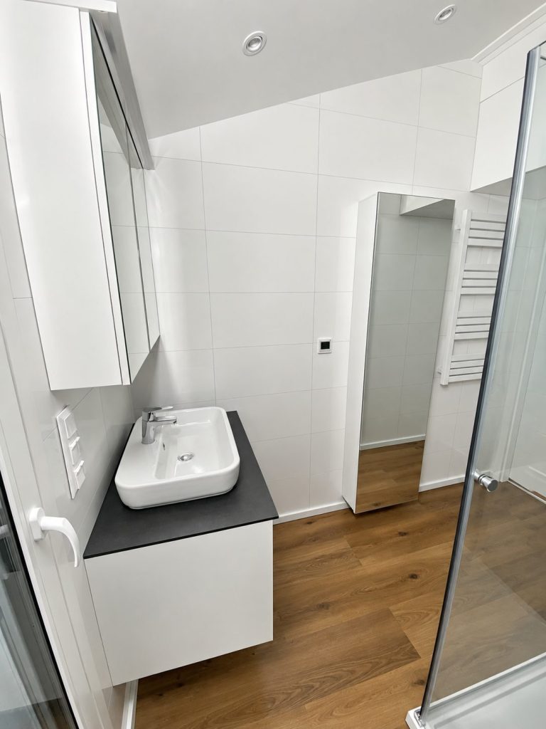 Aufsatzwaschbecken auf dunkler Waschtischplatte im Bad des Diamond +Plus Deluxe ATB-62.